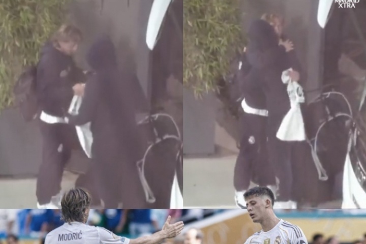 接棒回到马德里后莫德里奇将自己的球衣给居勒尔，两人拥抱