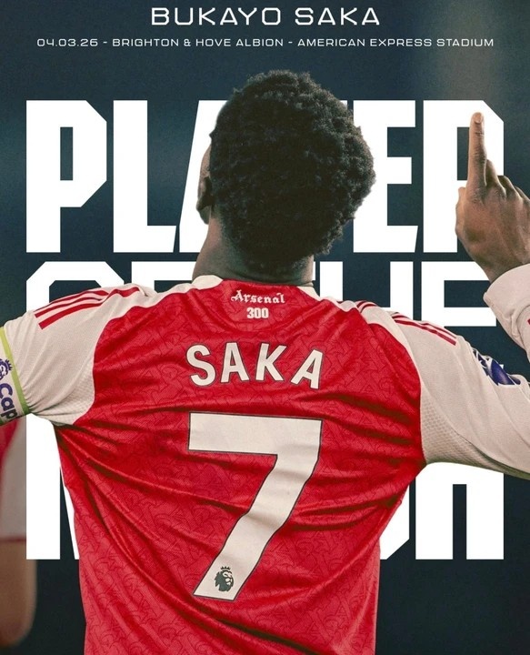 打进制胜球！阿森纳官方：萨卡当选击败布莱顿队内最佳球员